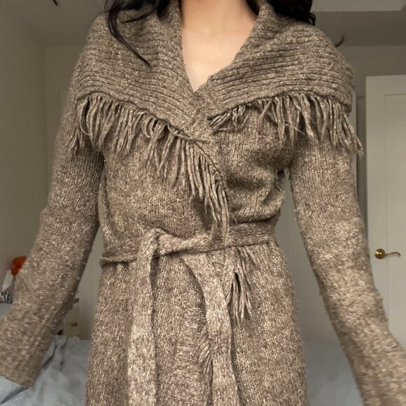 Vintage y2k Le Chateau Fringe Knit Long Cardigan w Tie - Picture 10 of 11